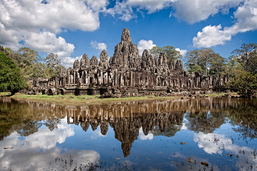 Reflections in the Bayon temple of Cambodia. Angkor temples in Siem Reap.
