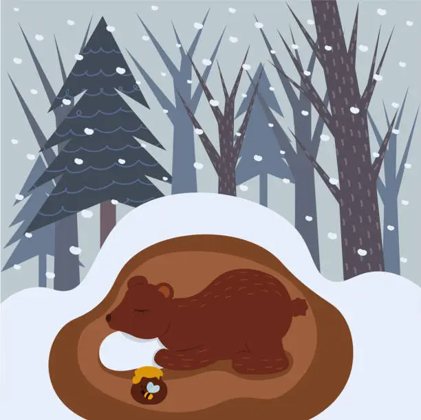 Vector illustration of The bear sleeps in a hole flat design