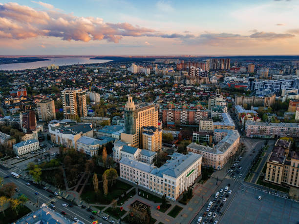 istock Evening spring central Voronezh cityscape at sunset, aerial view 1437560926