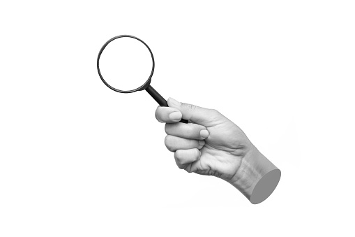 A female hand holding a magnifying glass isolated on a white background. Modern contemporary art