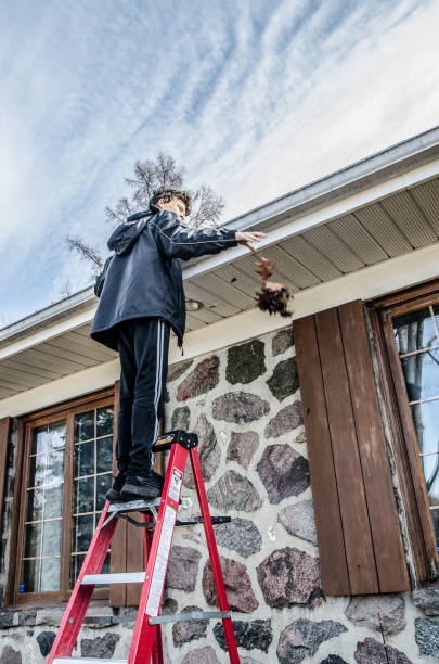 istock Teenage boy removing leaves from gutter 1437561789