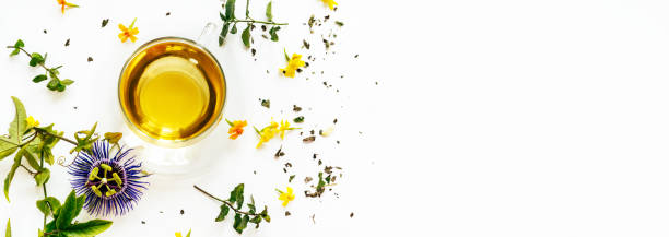 istock Calming herbal tea with passiflora leaves on white 1437562596