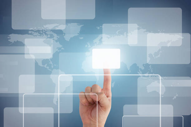 istock Illustration of a person's hand pressing a holographic button 1437562720