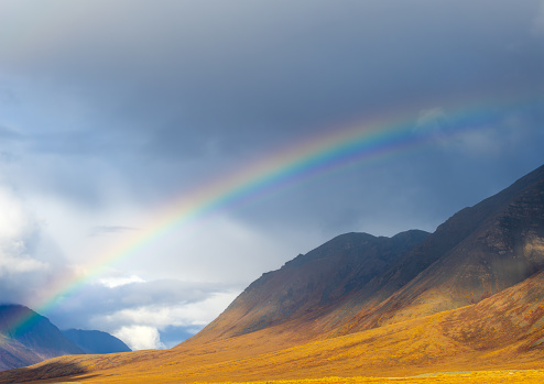 Rainbow over Brooks Range in autumn with vibrantly colored tundra
