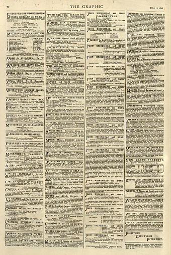 Old Victorian newspaper page, 1870s 19th Century Victorian