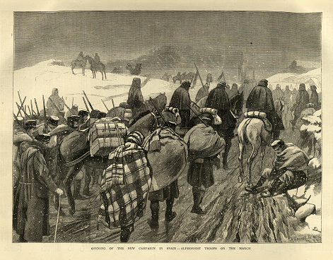 Vintage illustration Third Carlist War, Spain, Alphonsist soldiers marching through the snow, Spanish 19th Century Military History, 1876.
