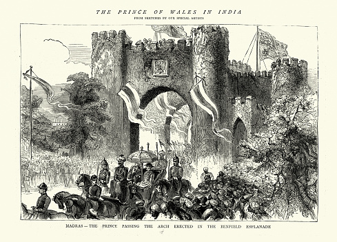 Vintage illustration Prince of Wales, later Edward VII, Royal Visit to India, Madras passing the Arch in Benfield Esplanade, 1870s, Victorian 19th Century.