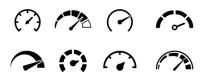 Speed signs. Speedometer black icons set. Speed indicators with arrows. Fast speed. Internet speed, gauge, dashboard, indicator, tachometer, scale. Credit score indicator. Risk levels meter icon