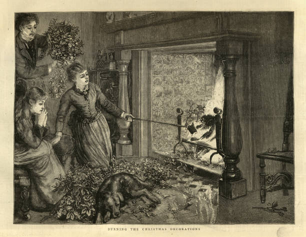 Vintage illustration Burning the Christmas decorations on the fire after the end of festivities, Victorian English 19th Century, 1870s