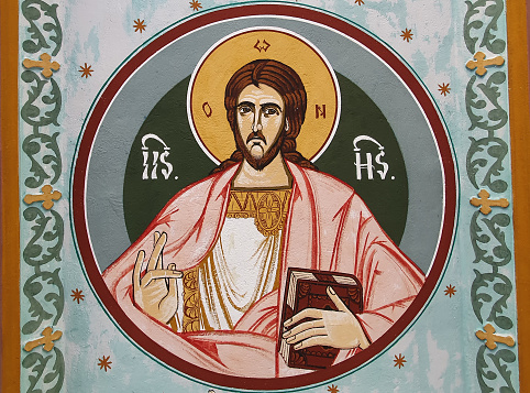 painting depicting Jesus on the wall of the Orthodox church in Reghin city Romania
