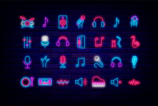 Music neon icons bundle. Notes and dj console. Stand up and festival. Headphones and microphone. Piano and drum. Musical store emblem. Night club badge. Light signboards set. Vector illustration