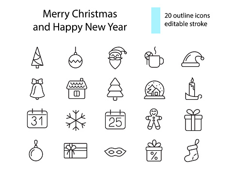 Christmas and Happy New Year outline icons collection. Santa Claus and present. Snow globe, gingerbread man and candle. Season winter holiday. Editable stroke. Isolated vector stock illustration