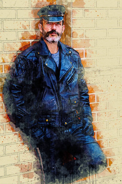 istock handsome bearded man dressed in black leather  in watercolor style 1437566942