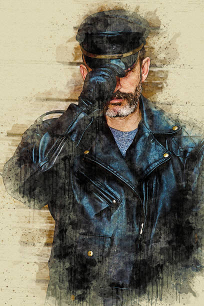 istock handsome man dressed in black leather in watercolor style 1437566964