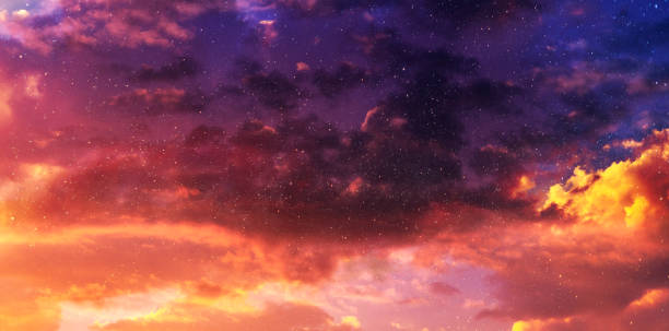 istock Fantasy sunset sky with clouds and stars. . Sunset sky background. 1437567613