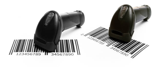 bar code scanner set. retail label barcode scan. reader laser scanner for warehouse isolated on white background. product code data concept. - bar code reader bar code reading laser imagens e fotografias de stock