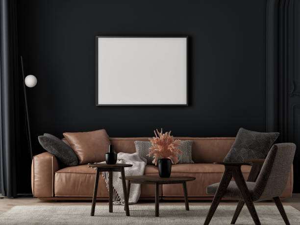 istock Dark interior space background, living room with mock up poster. 1437567813