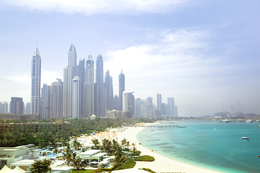 Dubai Marina skyscrapers complex of residential and office buildings. Dubai, UAE