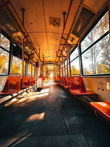 A vertical shot of orange seats in the bus