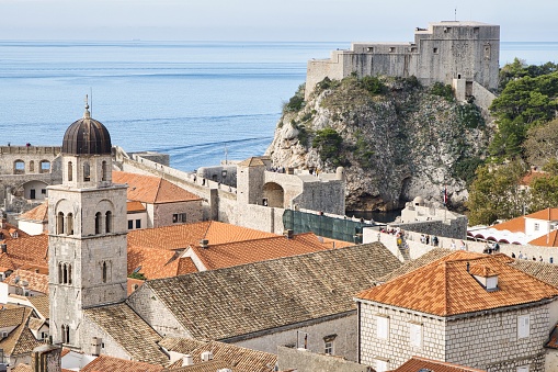 Shot from the city walls of Dubrovnik of the old town and the Fort Lovrijenac outside of it.