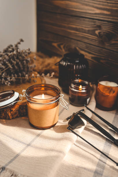 istock Burning candles and accessories for them, atmospheric photo 1437575080