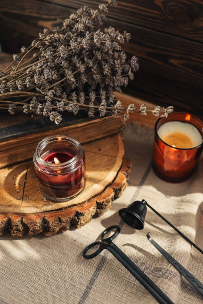 istock Burning candles and accessories for them, atmospheric photo 1437575085