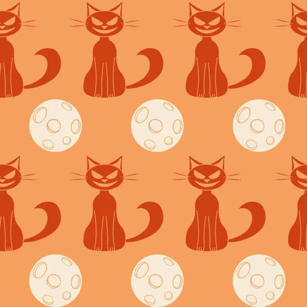 Vector illustration of Cat and full Moon seamless pattern. Vector Halloween elements in endless background in flat style