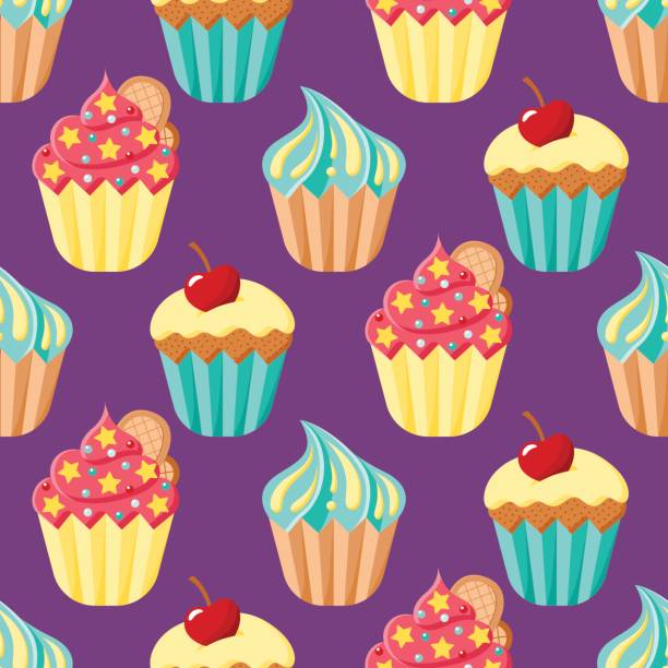 Cupcakes vector seamless pattern. Cartoon colorful desserts on purple backdrop vector art illustration