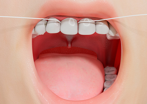 dental floss passing between teeth in human mouth hygiene. 3D illustration