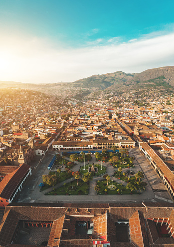 AYACUCHO, PERU: Aerial view of Ayacucho cathedral and main square at afternoon.