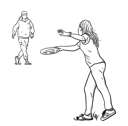illustration of a girl at the park throwing the frisbee to her guy friend.