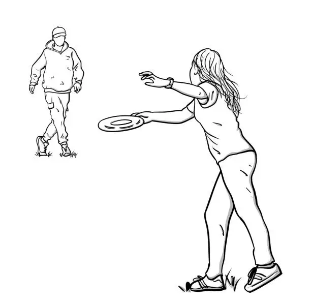 Vector illustration of Father Daughter Playing Frisbee Sketch