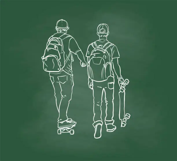 Vector illustration of Teenager On Skateboards Chalkboard