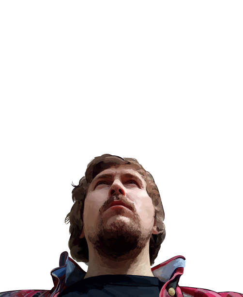 Realistic portrait of a young man with long hair, beard and mustache on a white background. Vector illustration, white background, isolate. EPS 10. The concept of surveillance, search, spy. Copy space Realistic portrait of a young man with long hair, beard and mustache on a white background. The concept of surveillance, search, spy. Copy space good looking man looking up stock illustrations