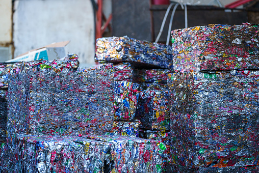 Large group of compressed aluminum cans for recycling. Photographed at a recycling center in Antalya, Turkey