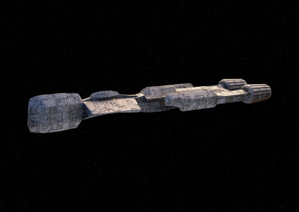 istock Futuristic spaceship, science fiction illustration, in flight in outer space black background with stars 1437579988