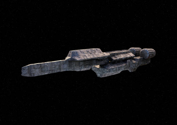 istock Futuristic spaceship, science fiction illustration, in flight in outer space black background with stars 1437579990