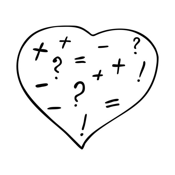 illustrazioni stock, clip art, cartoni animati e icone di tendenza di cuore lineart doodle vettoriale con simboli matematici all'interno. forma del cuore del contorno isolata per colorare su sfondo bianco - equal sign immagine