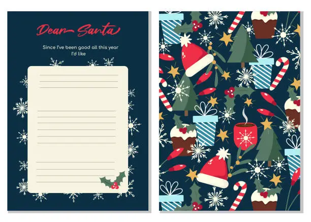 Vector illustration of Christmas wish list page template on a dark bleu background.