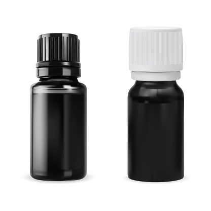 Essential oil bottle. Small black glass bottle mockup isolated on white. Aromatherapy oil vial template. Aromatic syrup flacon design, small organic essence storage, realistic bottle, isolated jar
