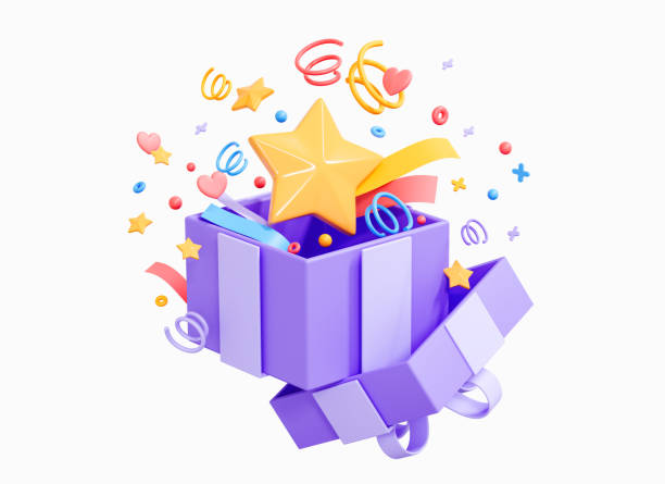 istock 3D Open gift box with party confetti. Birthday surprise. Decorative festive object. Celebration present with stars and ribbon. Cartoon creative design icon isolated on white background. 3D Rendering 1437584364