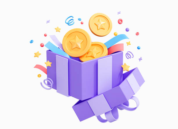 3d open gift box with floating gold coin and serpentine ribbon. cash surprise box. money prize reward. loyalty program concept. cartoon creative design icon isolated on white background. 3d rendering - redeem imagens e fotografias de stock