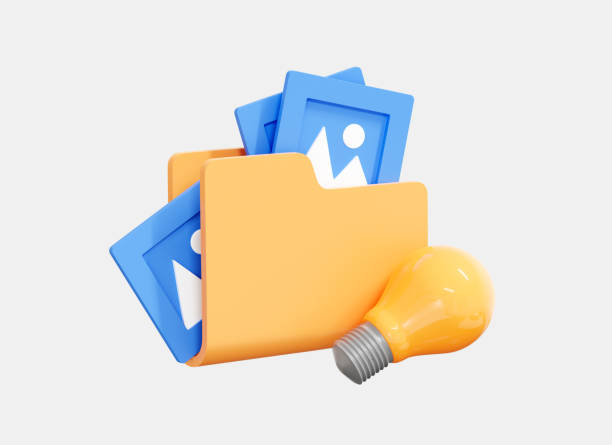 istock 3D Folder with print image and lightbulb. Organised photo storage. Business idea concept. Portfolio folder with blue pictures. Cartoon creative design icon isolated on white background. 3D Rendering 1437584378