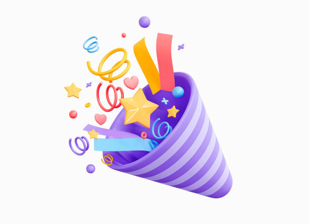 3D Party popper with explosion confetti. Birthday surprise. Firecracker with serpentine. Holiday and event celebration. Cartoon creative design icon isolated on white background. 3D Rendering