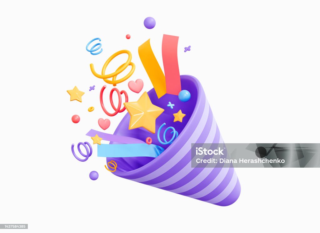 3D Party popper with explosion confetti. Birthday surprise. Firecracker with serpentine. Holiday and event celebration. Cartoon creative design icon isolated on white background. 3D Rendering Birthday Stock Photo