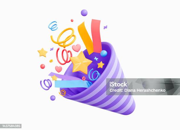 3d Party Popper With Explosion Confetti Birthday Surprise Firecracker With Serpentine Holiday And Event Celebration Cartoon Creative Design Icon Isolated On White Background 3d Rendering Stock Photo - Download Image Now