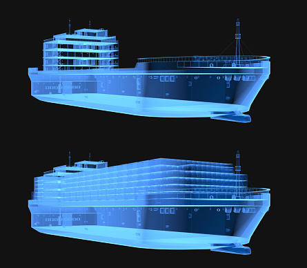 3d rendering x-ray cargo ship or vessel isolated on black