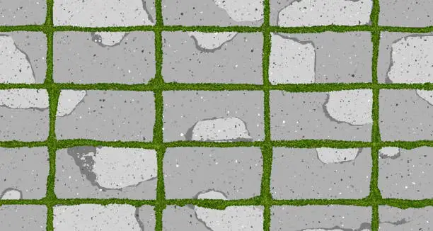 Vector illustration of Seamless texture of old pavement with moss and concrete cracked old bricks