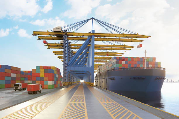 istock Cargo ship or vessel with containers at terminal port 1437584860