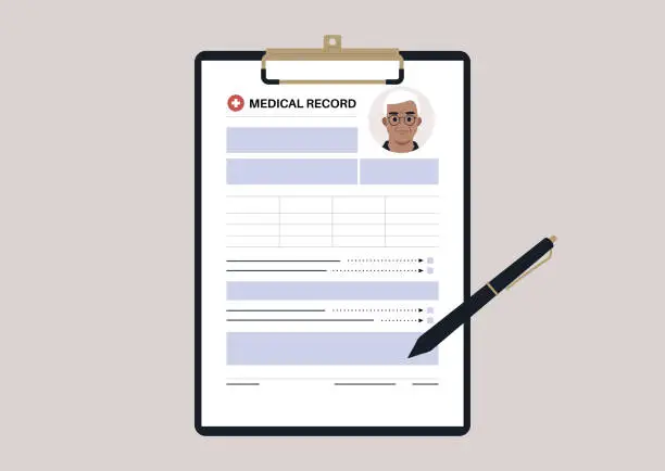 Vector illustration of A senior patient's medical chart clipped to a clipboard